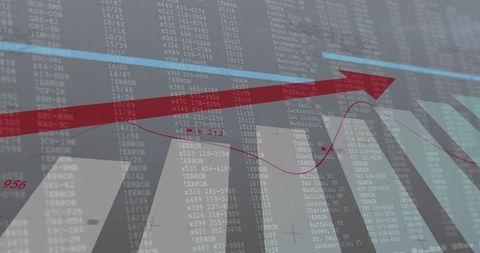 Rising red arrow crossing digital data dashboard showing growth trend and metrics