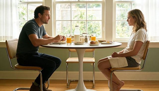 Couple having quiet tense breakfast conversation at sunlit round dining table near window