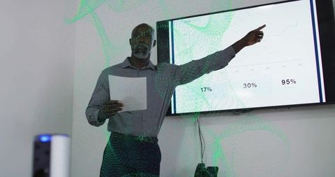 Executive presenting data-driven chart and pointing at screen while holding report