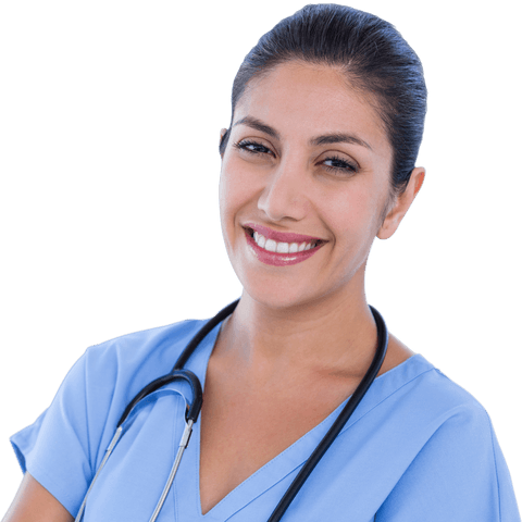 Smiling female doctor in blue scrubs on transparent background