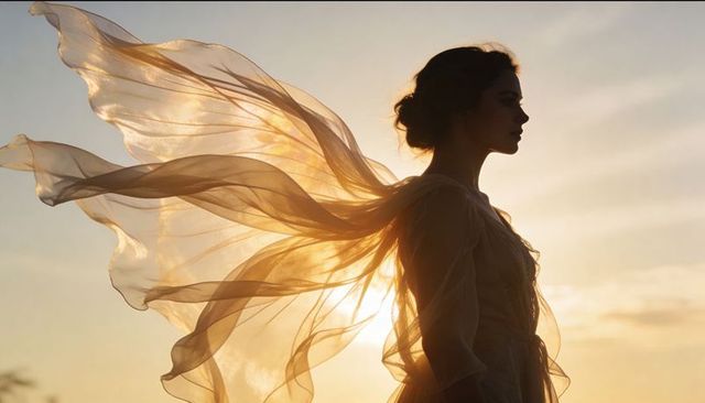 Ethereal woman standing in golden backlight wearing flowing sheer gown and veil at sunset
