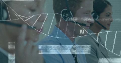 Call Center Team with Heads-up Display and DNA Strand for Futuristic Collaboration