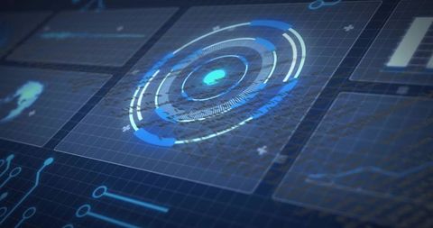 Futuristic Holographic HUD Dashboard Scanning Analytics Over Navy Grid Interface
