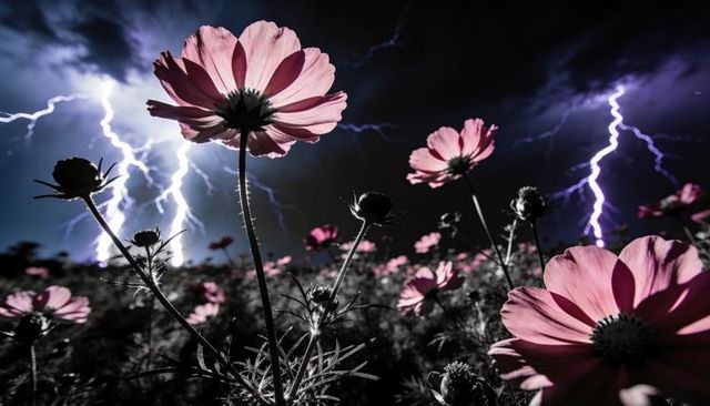 Backlit pink cosmos blossoms lighting up night meadow against dramatic lightning storm
