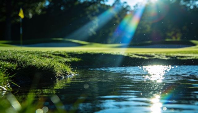 Sunbeams casting over golf water hazard, rippling pond and manicured green with flagstick
