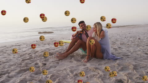 Couple on Beach with Playful Emoji Overlay