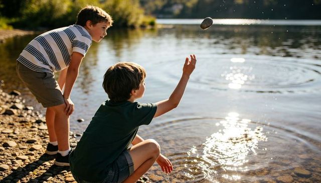 Boys skipping stones on sunlit lakeshore creating sparkling ripples and carefree summer fun