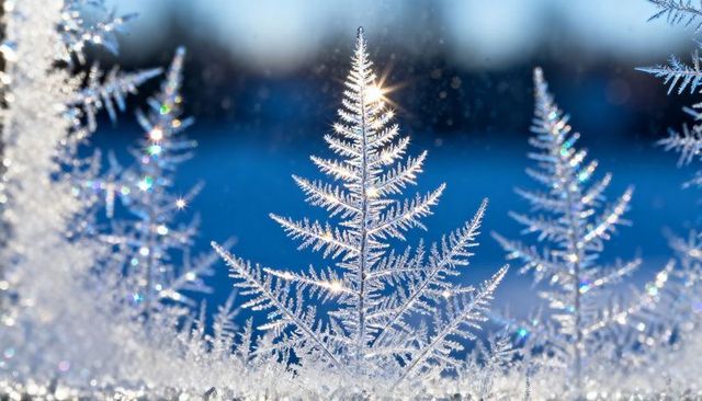 Sunlit fernlike frost crystals sparkling on winter window with starburst bokeh blue background