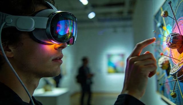 Young man wearing vr headset touching spherical multimedia art in contemporary gallery