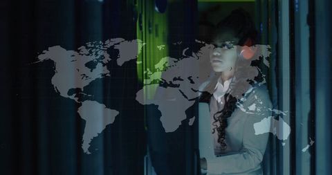 Network Engineer Fixing Cabling in High-Tech Data Center