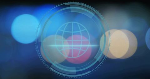 Futuristic holographic globe hud over neon bokeh for tech interface and broadcast graphics