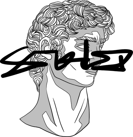 Classical marble bust line drawing with scribble symbol on transparent background