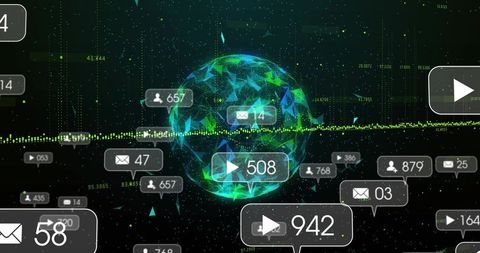 Low-poly glowing globe pulsing in neon digital hub showing social mail and play counters