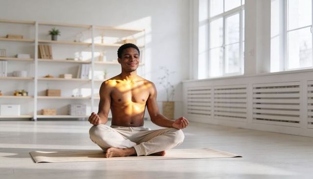 Sunlit minimalist studio yoga - shirtless man meditating cross-legged on mat, serene