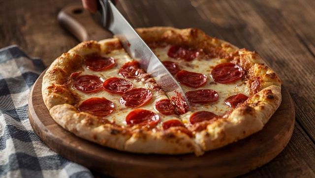 Hand-slicing pepperoni pizza on wooden board with golden crust and melted cheese