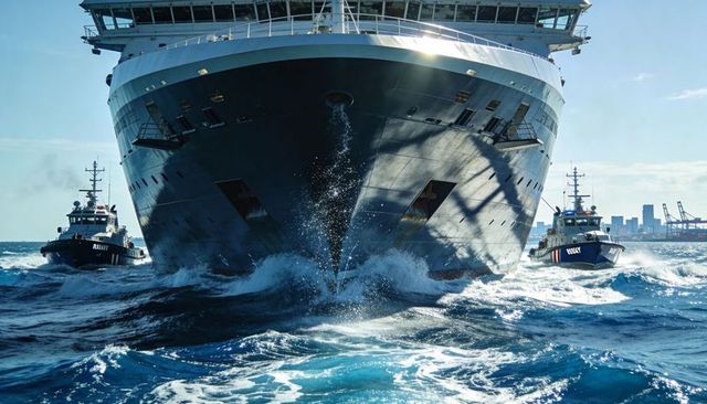 Cruise ship bow cutting through choppy harbor waters with escorting tugboats