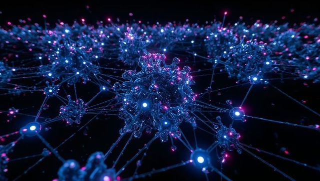 Neon neural network cluster pulsing in abstract digital void
