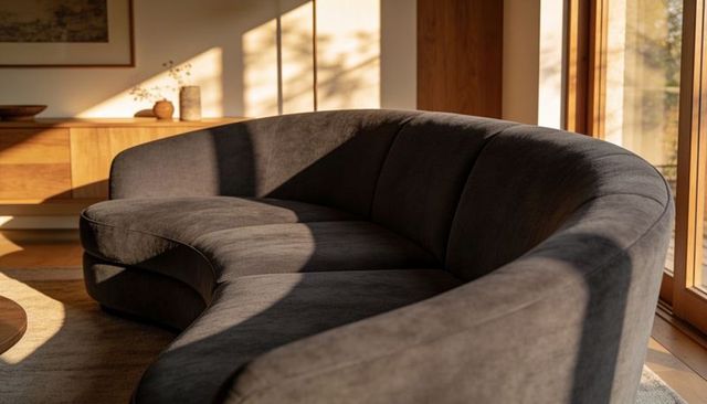 Curved dark gray sofa bathing in warm afternoon sunlight by wood-framed windows