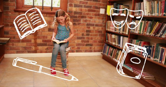 Young Girl Reading Book in Library Surrounded by Doodles - Download Free Stock Images Pikwizard.com