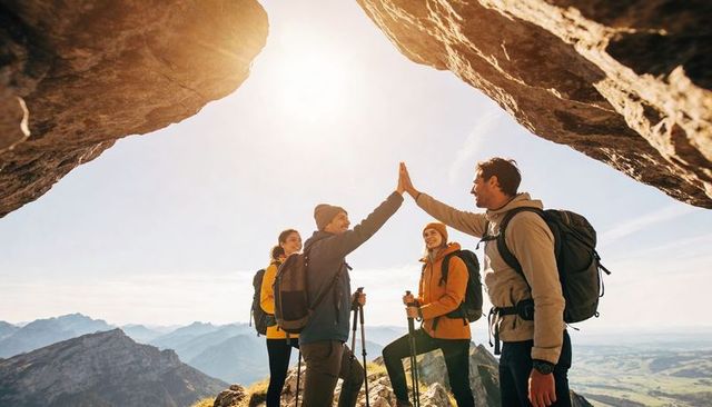 Sunlit alpine hikers celebrating summit high-five under rocky overhang panorama adventure