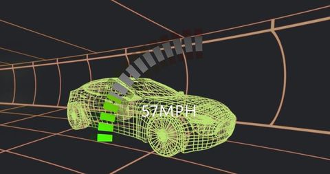 Futuristic neon green wireframe car speeding through tunnel