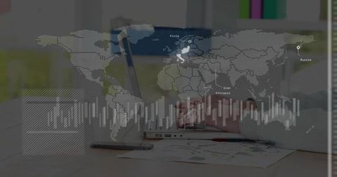 Hands Typing on Laptop with Holographic World Map and Data Analytics Overlay for Business
