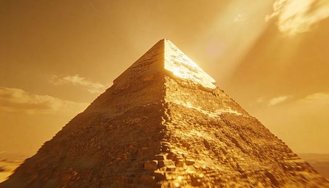 Golden sunlit pyramid apex glowing over weathered masonry in desert sunbeams
