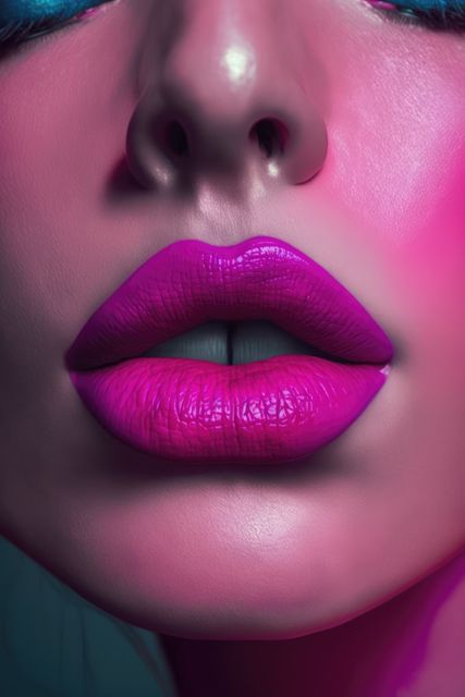 Close up of female lips with satin pink lipstick, created using generative ai technology. Female face, make up and beauty concept digitally generated image.