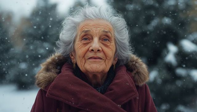 Elderly Woman Enjoying Winter Snow in Nature Park