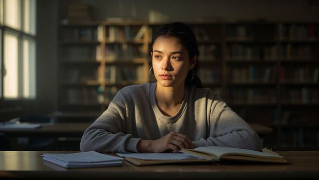 Contemplative female student studying at library table in warm golden sunlight