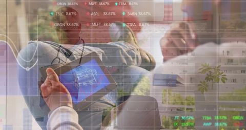 Professionals Analyzing Blueprint with Stock Data Overlay