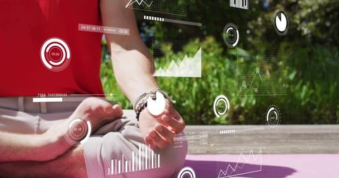 Man meditating cross-legged on wooden deck with augmented reality wellness data overlays