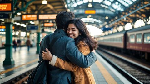 Romantic couple embracing on vibrant train station platform