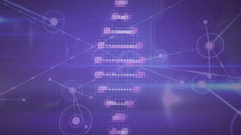 Futuristic DNA Helix on Purple Digital Interface