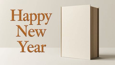 Minimalist standing book with orange happy new year typography on neutral beige background