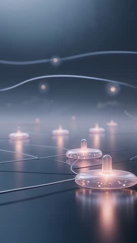 Vertical futuristic video panning across glowing network nodes and drifting neon orbs