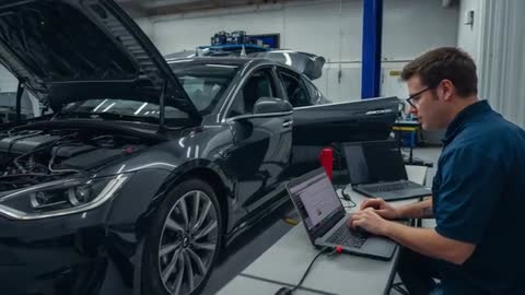Technician diagnosing electric sedan with laptop, coding and logging data in modern garage