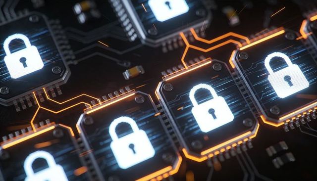 Glowing Microchip Security Network Showing Padlock Icons on Circuit Board for Encryption