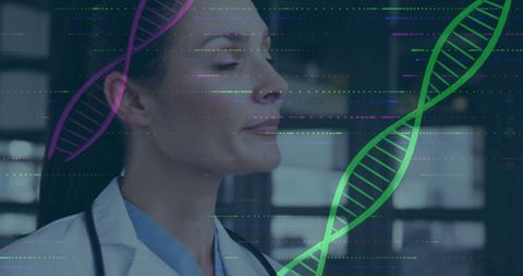 Female doctor with dna illustrations in hospital corridor