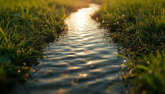 Flowing water in grassy field reflecting golden sunlight