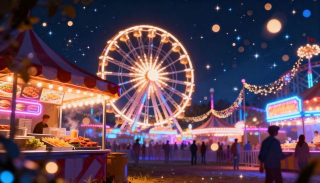 Neon-lit ferris wheel glowing and spinning over night carnival with striped food stall