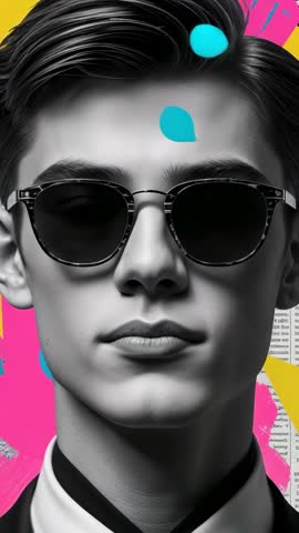 Stylish Male Model in Suit with Teal Circles Swirling over Pop-Art Collage Vertical Video