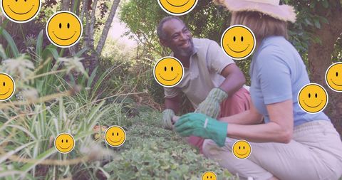 Senior Couple Gardening with Emoji Overlay for Social Media