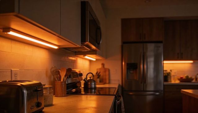 Warm modern kitchen glowing with under-cabinet led lighting and stainless steel appliances