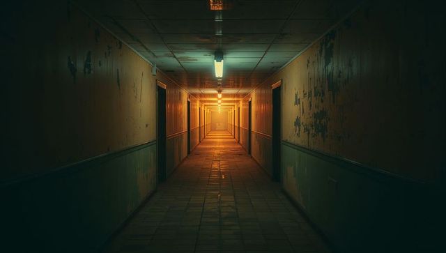 Eerie abandoned hallway with peeling walls