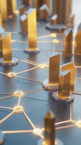 Vertical video shifting across glowing golden pillar nodes on sleek futuristic network
