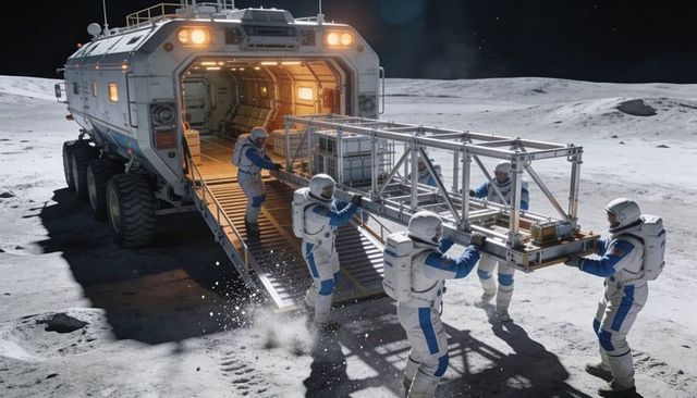 Lunar Astronaut Crew Unloading Cargo Truss from Rover Ramp at Mobile Habitat