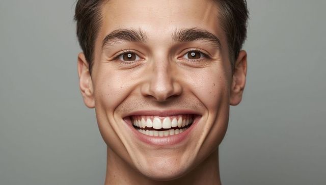 Bright closeup portrait of smiling young man showing straight teeth and confident gaze