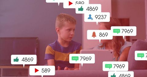 Siblings Exploring Social Media Alerts on Tablet in Cozy Living Room