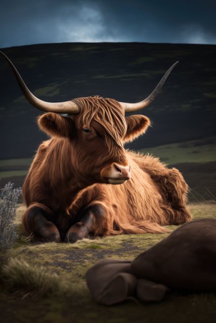 Portrait of highland cow lying in grass in mountains, created using generative ai technology - Download Free Stock Photos Pikwizard.com